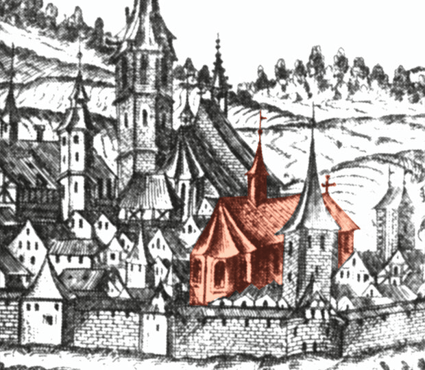 Eine seltene Darstellung der gesamten Augustinerkirche (mit Dachreiter) auf der Stadtansicht von Nicolaus Scheller 1576, farbig hervorgehoben (Ausschnitt)