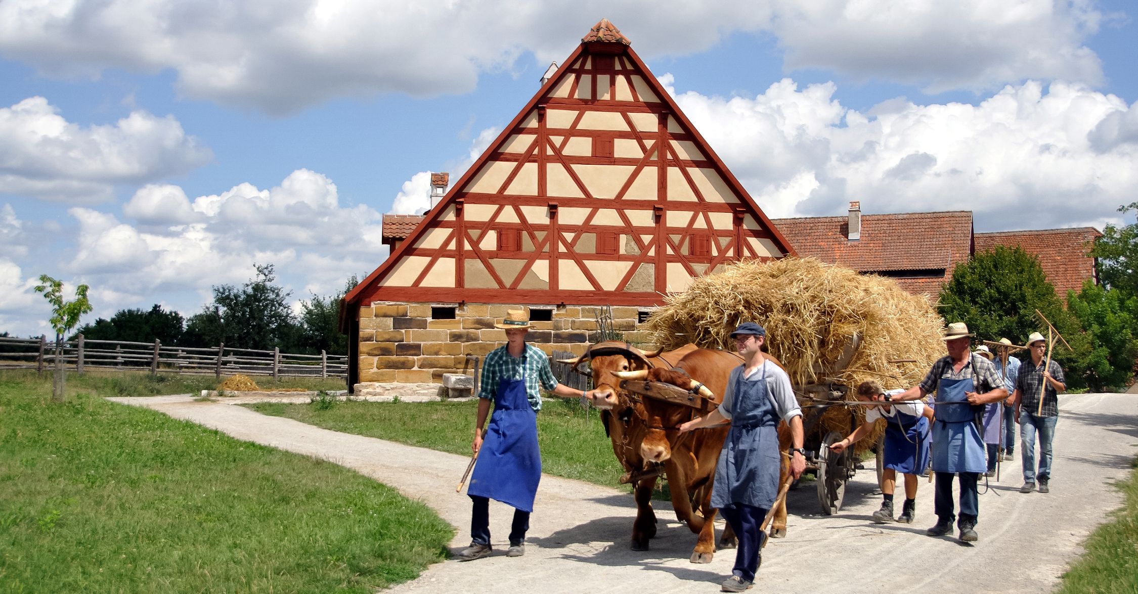 Vor einem Fachwerkhaus ein hoch mit Stroh beladenes Ochsengespann, darumherum Männer in Arbeitskleidung und Dreschschlegeln; Handwerk von früher wird beim Sommerfest im Fränkischen Freilandmuseum gezeigt.