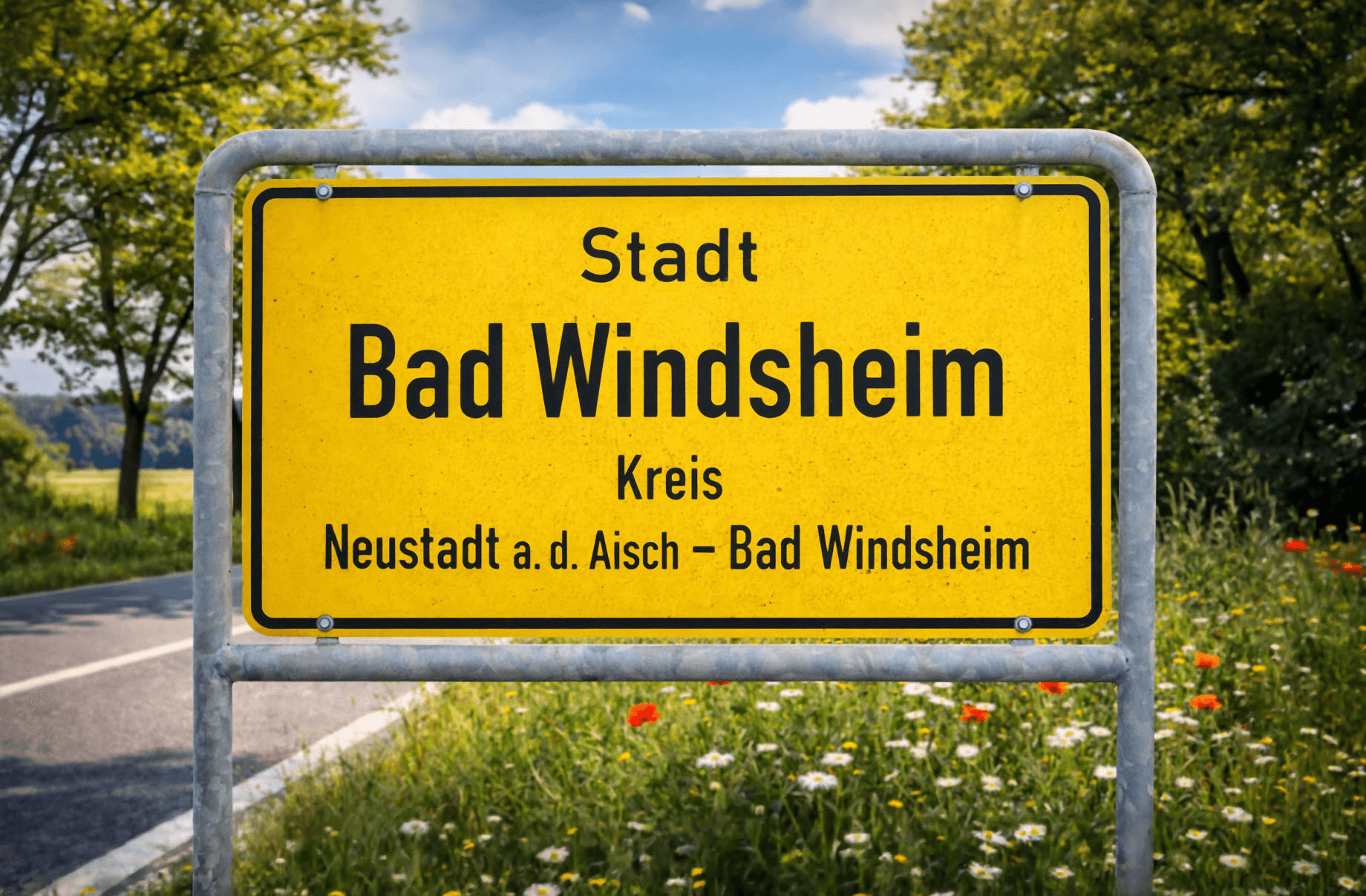 Bad Windsheimer Ortsschild vor blühender Wiese, Straße & weißblauem Wolkenhimmel.