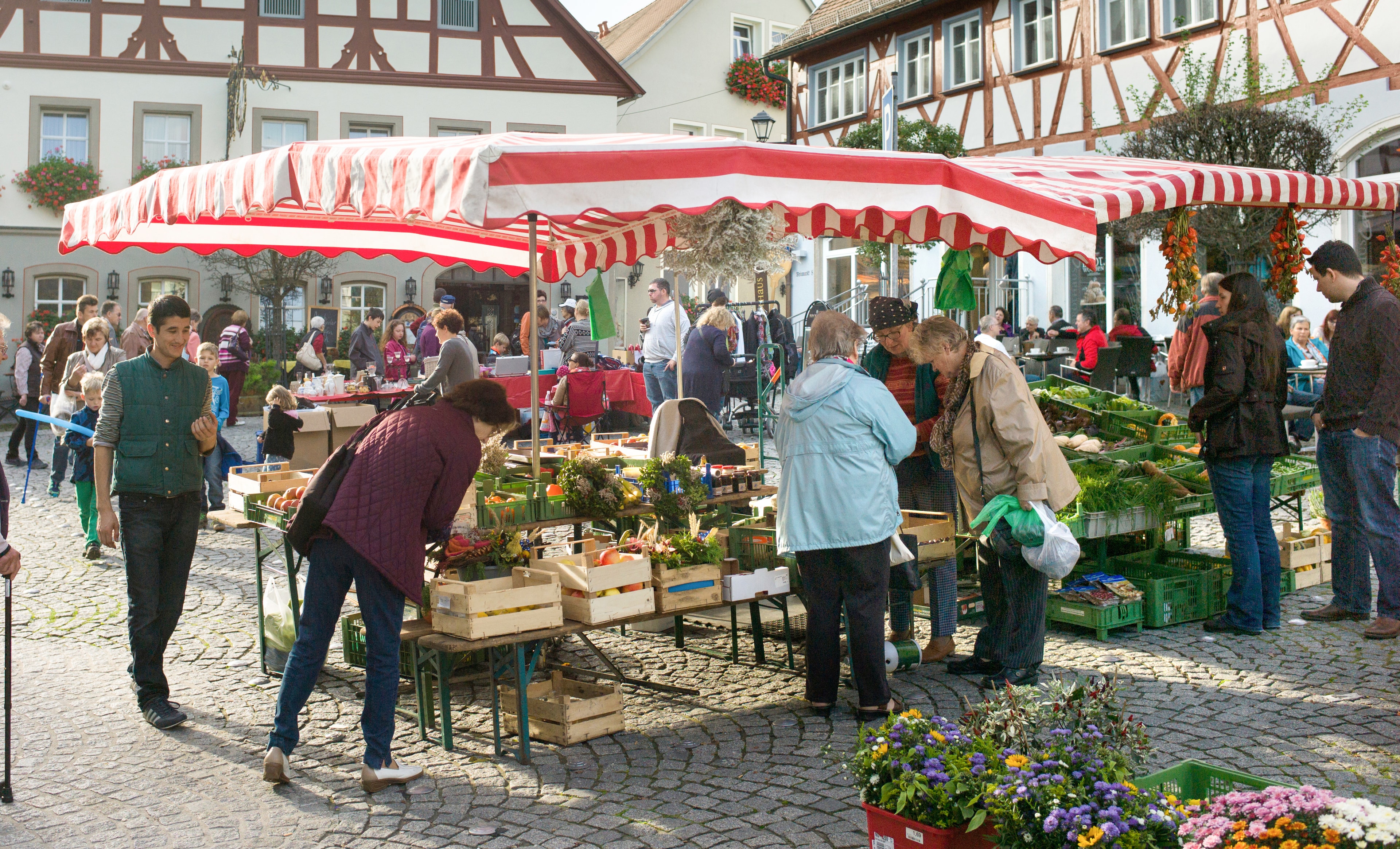 Belebter Marktstand vor Fachwerkhäuserkulisse auf Kopsteinpflaster, rot-weiß-gestreifte Marktschirme, Menschen kaufen Obst, Gemüse, Blumen