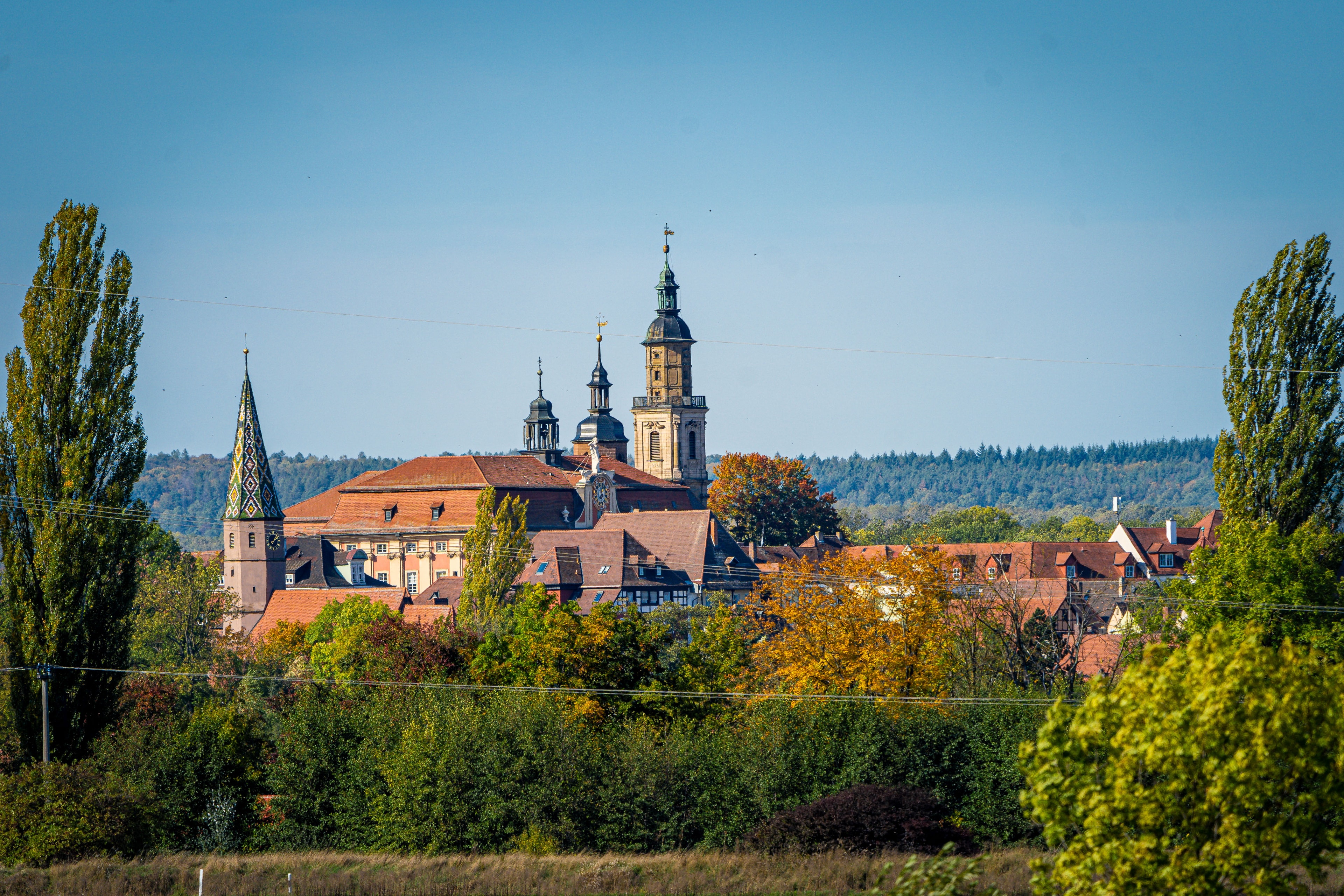 Stadtsilhouette von Bad Windsheim, Rathaus und vier Türme; grün- und gelbleuchtende Hecken und Bäume im Vordergrund, im Hintergrund Wald vor blauem Himmel