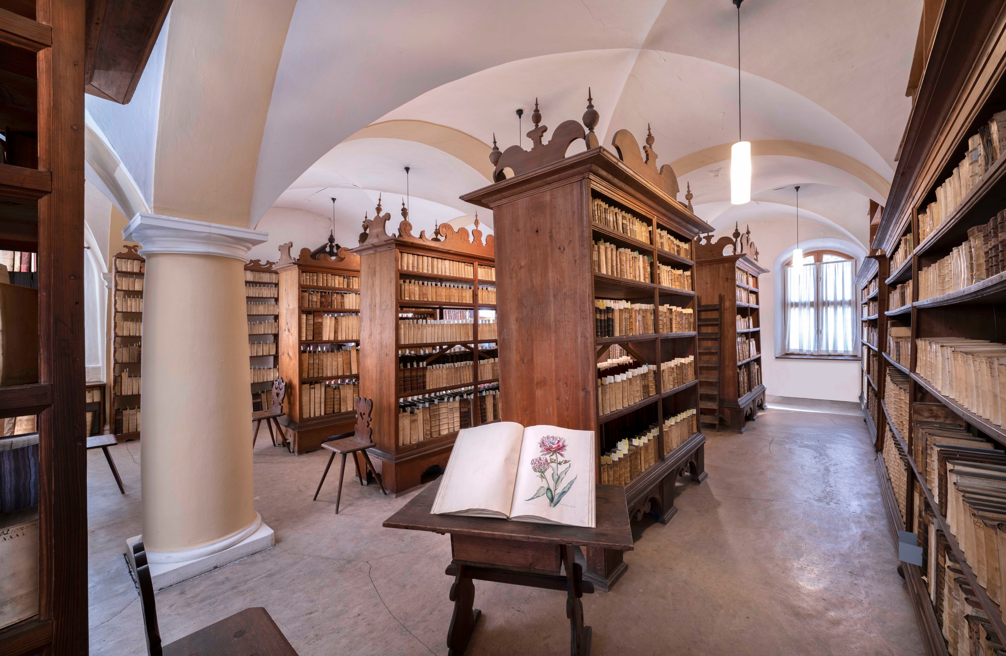 HIstorischer Bibliothekraum mit hohen, dunklen Holzregalen voller historischer Bücher. Regale stehen in mehreren Reihen. Gewölbte Decke