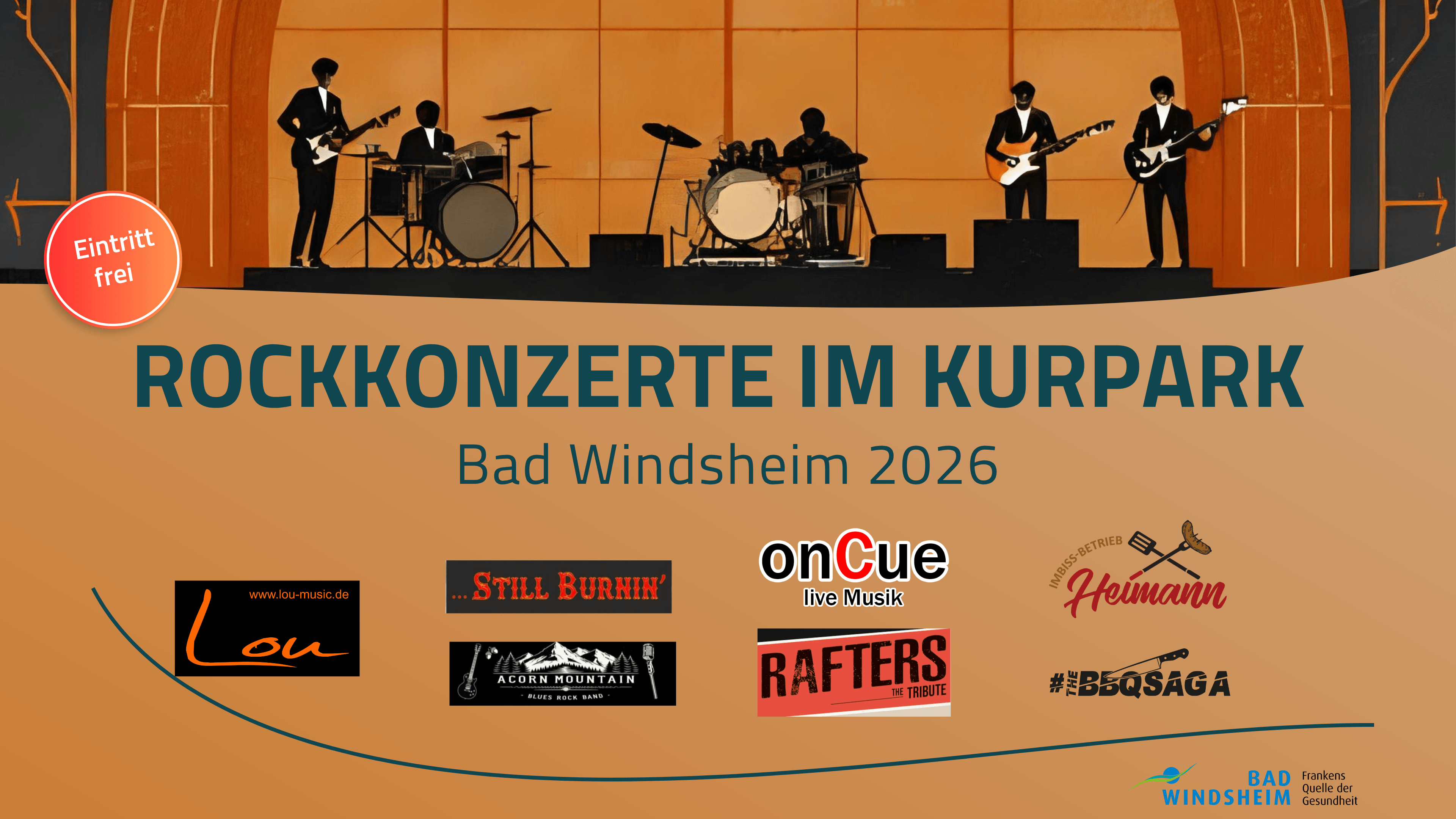 Orange-brauner Hintergrund mit Karikaturzeichnung einer Band mit verschiedenen Instrumenten. Drunter Logos der teilnehmenden Bands.